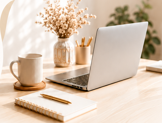 Bureau chaleureux avec ordinateur, tasse et carnet
